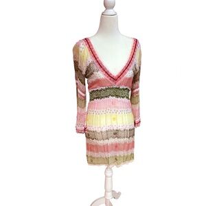 Letarte Silk Beaded Long Sleeve V neck Dress with sequin flowers